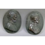 A pair of late 19th/early 20th century oval bronzed white metal medallions of Michaelangelo and