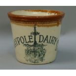 A Maypole Dairy Co Ltd salt glazed tapered cylindrical handled pail, printed in black, beneath a