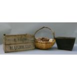 A reproduction wooden trug, a wooden crate and a basket with rustic handle containing gourds, pine