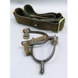 A pair of stirrups together with a brass mounted leather belt