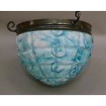 An Art Deco style turquoise and frosted white veined panelled pendant light shade with bronzed