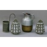 A vintage Thermos flask, two candle shades set with graduated prismatic glass beads and a milk cream