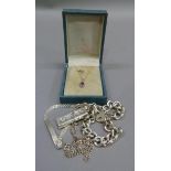 An amethyst pendant in 9ct gold on fine curb link chain; together with a curb link bracelet with
