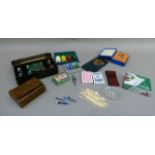 Packs of cards, bridge pencils and pads, bridge glass pin tray, cocktail sticks and a box of