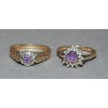 Two amethyst and diamond set cluster rings both in 9ct gold, total approximate weight 5gm