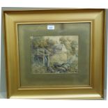 P Sykes - watermill in extensive wooded landscape, watercolour heightened with body colour, signed