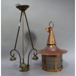 A copper lacquered cylindrical hall lantern with flared top, 48cm high approximately; together