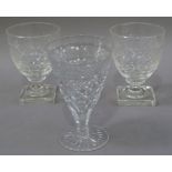 A pair of Regency style cut glass rummers on square bases, 13cm high approximately; together with