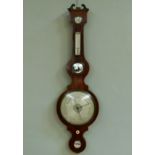 A George III mahogany wheel barometer with thermometer outlined throughout with boxwood stringing,