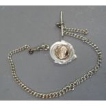 An Edward VII single guard wallet chain in silver with T bar and swivel fastening hung with George V