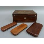 Three leather cigar pouches; together with a Victorian rosewood veneered box inlaid with mother of