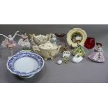 A quantity of decorative ceramics including pedestal tazza, Regal porcelain figure, pair of