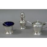 A three piece Art Deco style cruet comprising, salt, mustard, pepperette 8.5cm by R&D, Birmingham