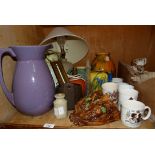 A quantity of vintage and earlier table pottery, lamps, vases, jugs together with a rustic wall