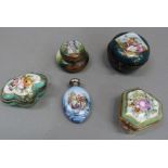 Five porcelain pill boxes one with silver cushion moulded top, each transfer printed with figures in