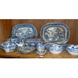 Two Victorian willow pattern blue and white meat plates together with a quantity of blue and white