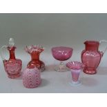 Six items of Victorian cranberry glass including, Webb, cranberry and white glass shade, jug etc