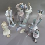 Seven Nao and Lladro figures: doctor, pair of dancers, young woman wearing broad brimmed hat, seated