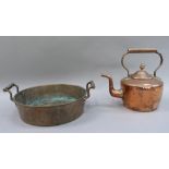 A Victorian copper kettle together with a two handle copper stock pan
