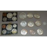 A quantity of USA silver coins plus two sets dated 1957 & 1963, total silver weight approximatley