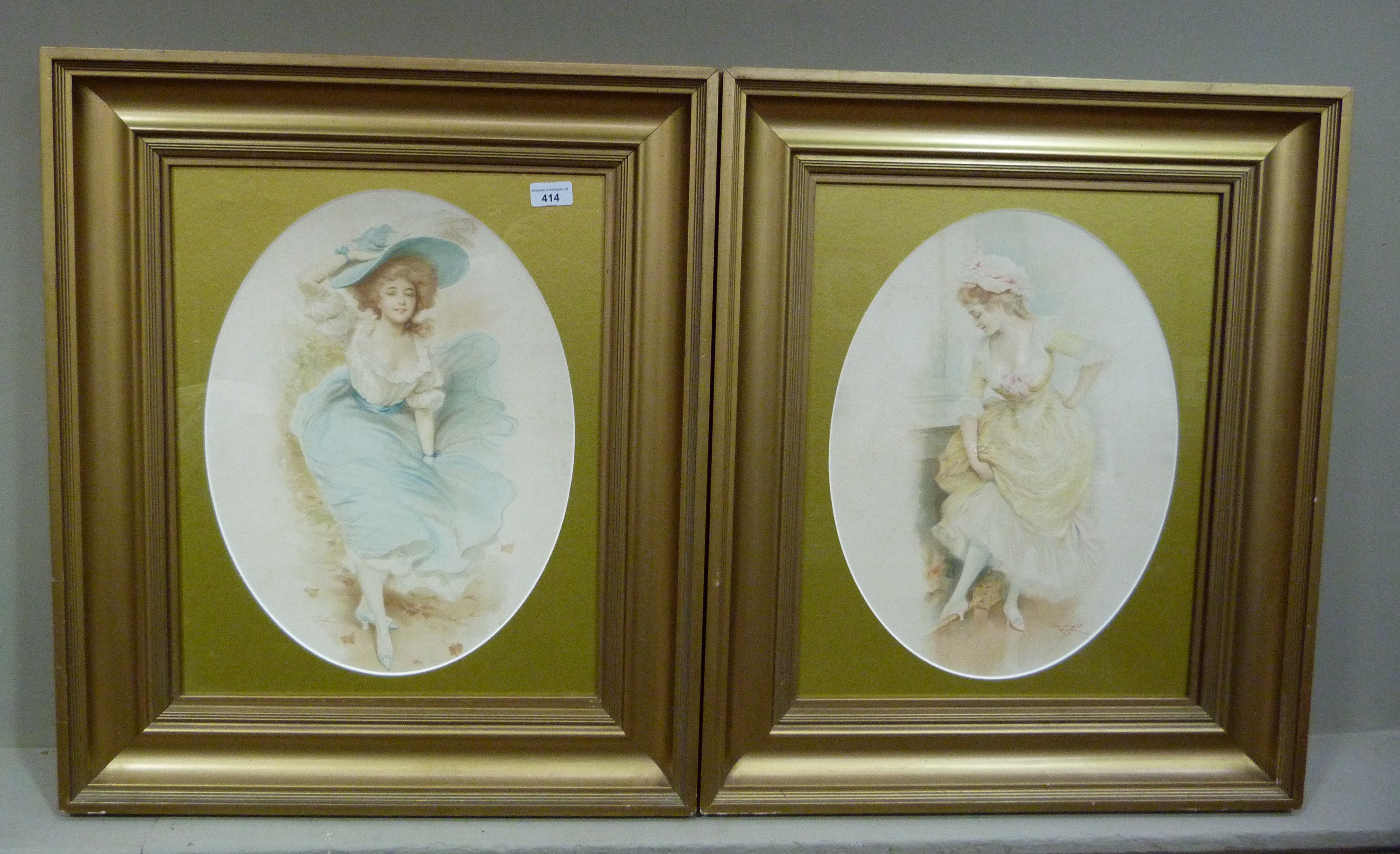 Rossi - a pair of colour mezzatints of young women, ovals, 45cm x 33cm, gilt framed
