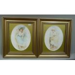 Rossi - a pair of colour mezzatints of young women, ovals, 45cm x 33cm, gilt framed