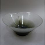 An art glass shaded grey ribbed glass petal shaped bowl, 19cm wide