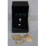 A name pendant 'Janet', St Christopher pendant and cubic zirconia set ear studs all in 9ct gold,