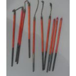 Five pairs of Chinese red-stained bone chopsticks, two pairs joined with chain links, all with