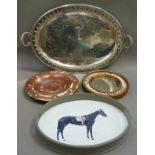 A silver plated oval two handled tray, a modern grey painted tray, the base printed a racehorse,