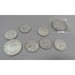 Mexico 2 pesos 1821, 1 peso 1923 and six 50 centavos, all silver, the 2 pesos scarce
