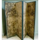 An Edwardian four fold screen with machine woven tapestry, peasants harvesting in extensive