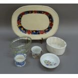 A Doulton Titian meat plate, a dolls toilet bowl and slop pail, a pottery jelly mould and a later