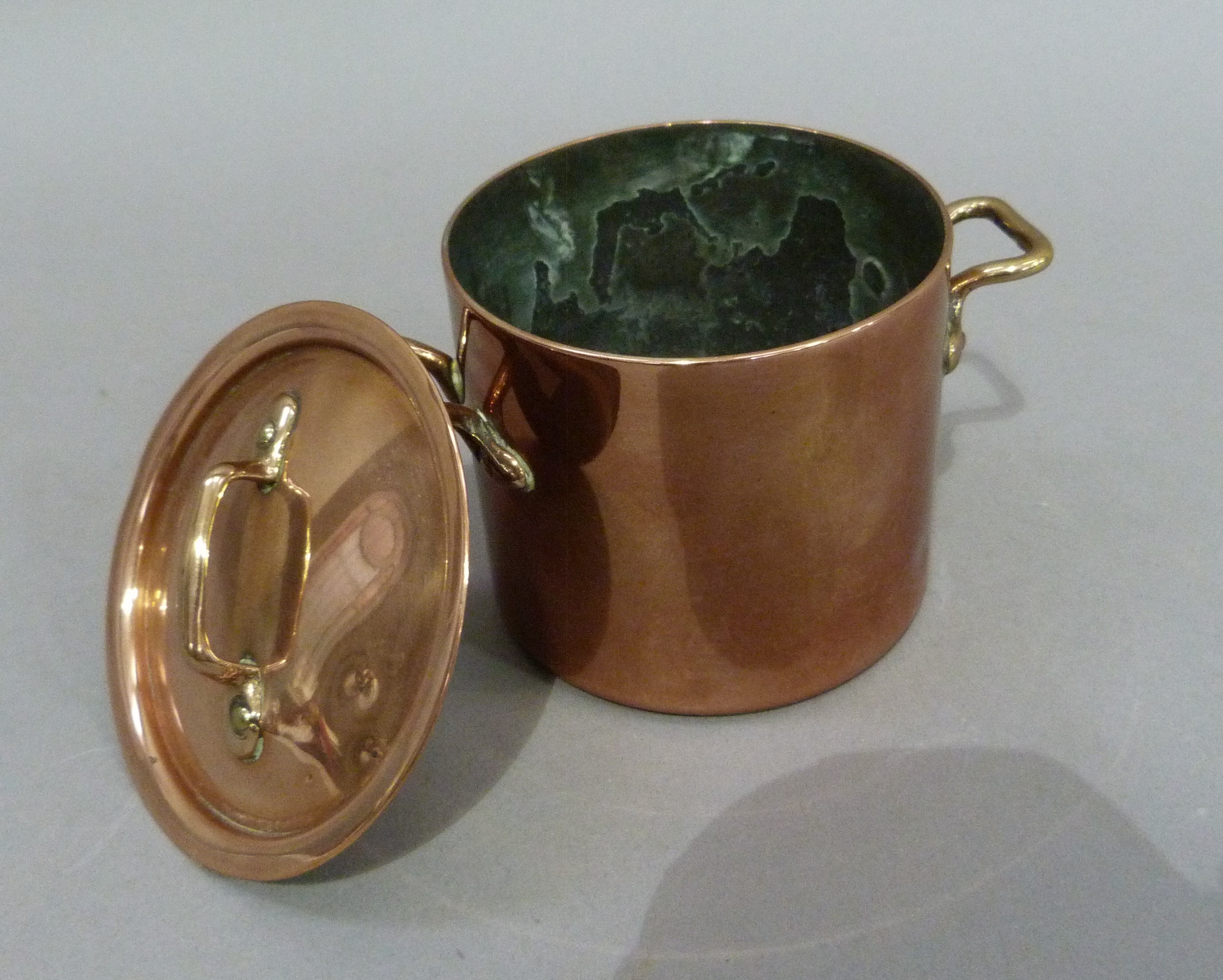 A Victorian miniature two handled cylindrical copper pan and cover, 7cm high x 11cm wide over- - Image 2 of 2