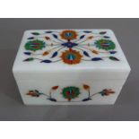 An Indian hardstone inlaid white marble casket, 15cm wide