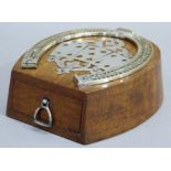 An Edwardian oak and silver plate mounted playing card box applied with a horse shoe scorer and a