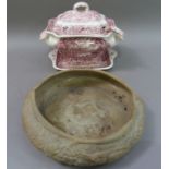 A buff pottery bowl moulded with fruit; together with a Mason's vista pottery tureen, cover, stand