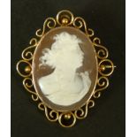 An Edward VII shell cameo brooch in 9ct rose gold, the oval female portrait collet set within a wire