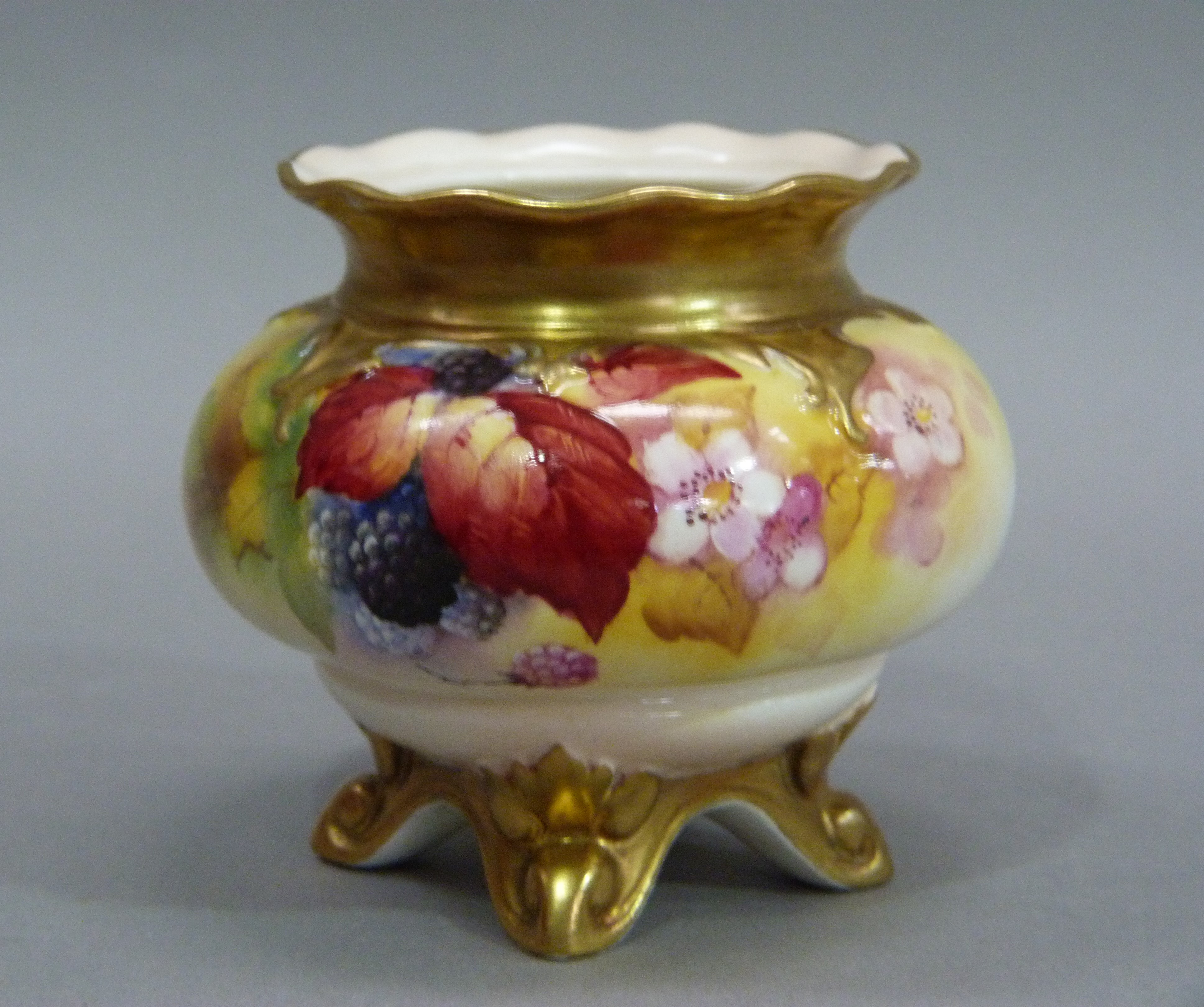 A Royal Worcester compressed globular fluted vase decorated with brambles, leafage and blossom on - Image 3 of 4