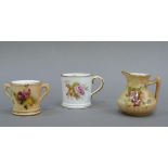 A Royal Worcester miniature two handled mug, blush ivory ground printed and enamelled with floral