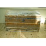 A metal and wooden bound fabric covered trunk, 92cm wide