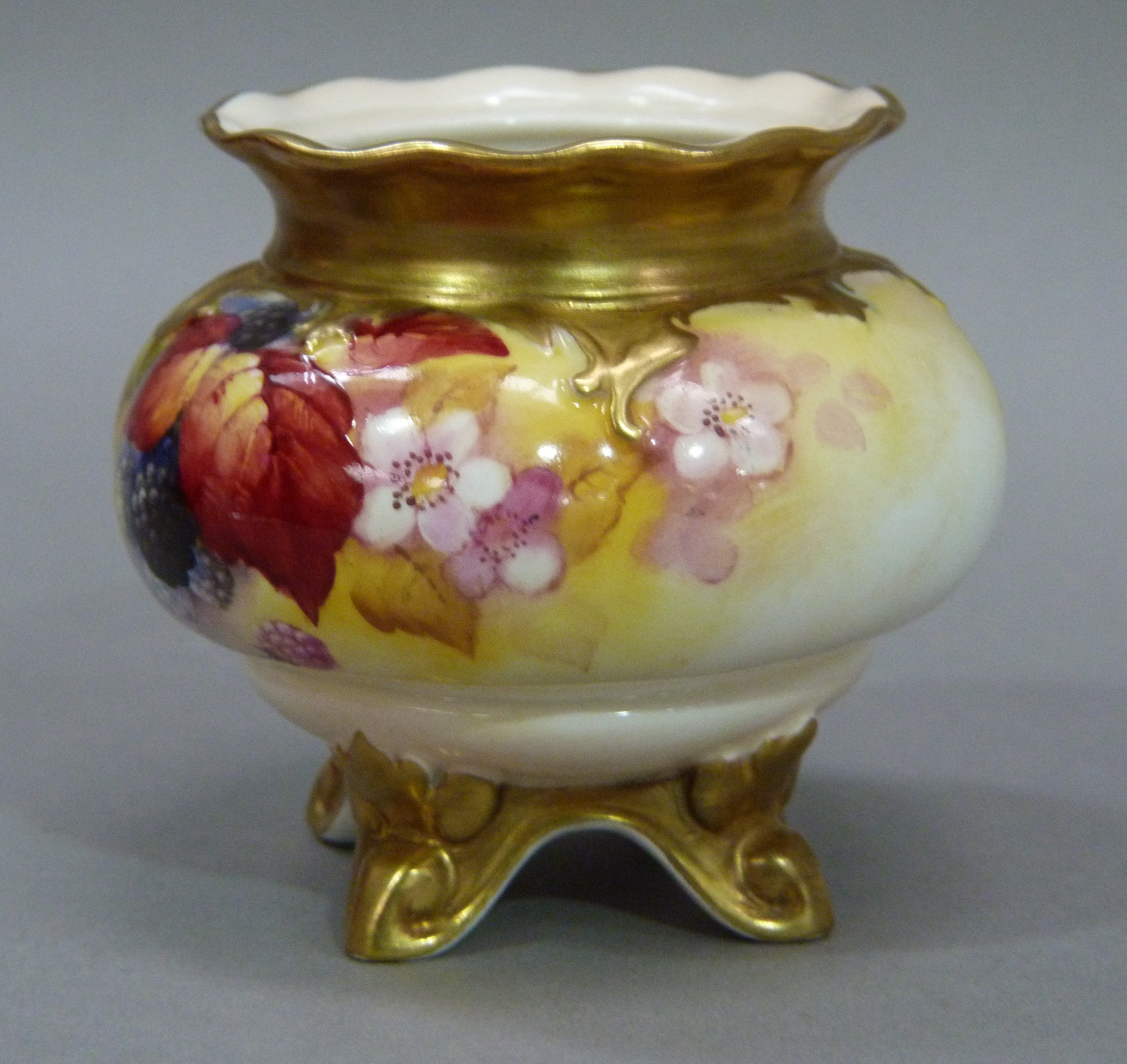 A Royal Worcester compressed globular fluted vase decorated with brambles, leafage and blossom on - Image 4 of 4