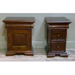 Two similar mahogany stained bed side cupboards with square tops above ogee moulded frieze drawer,