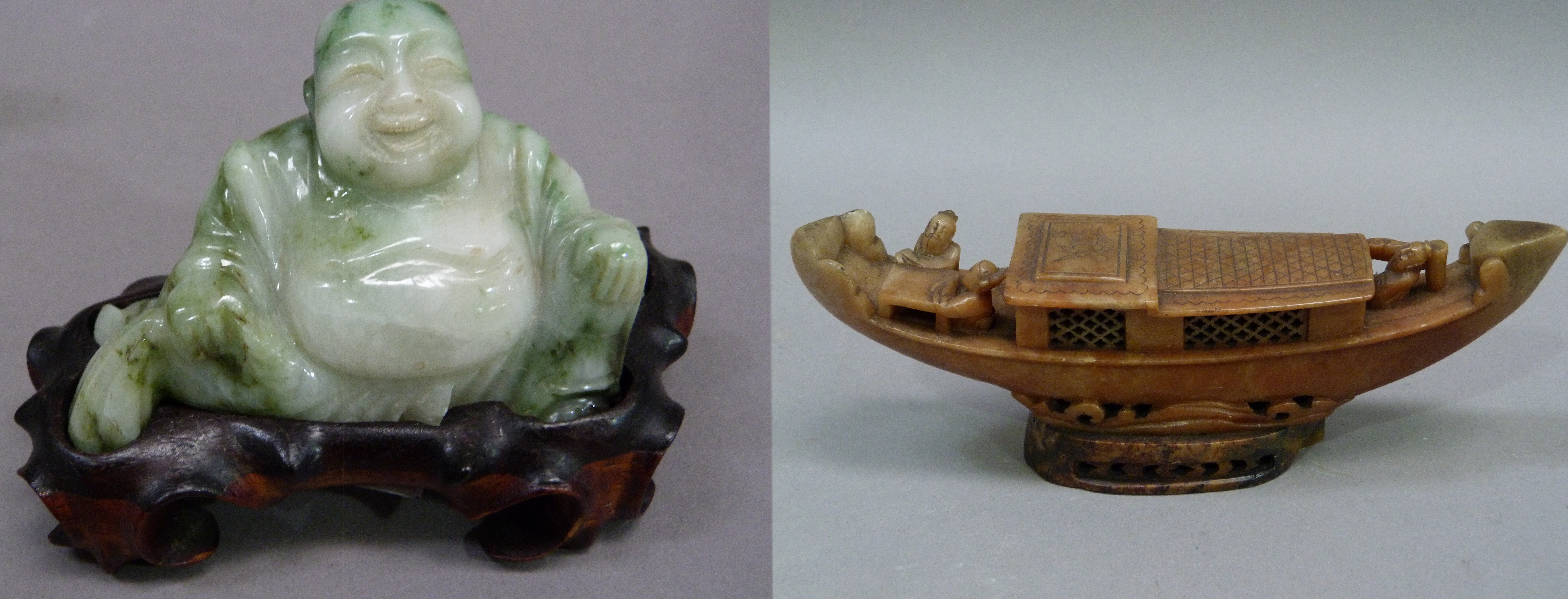 A carved jadeite buddha on hardwood base, 7cm high; together with a brown soapstone carving of a