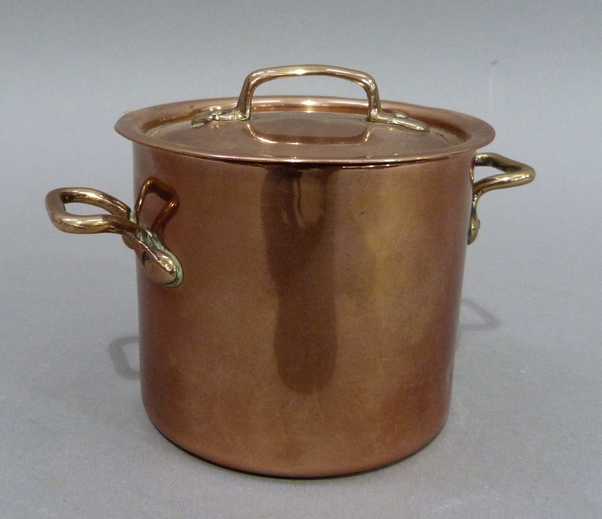 A Victorian miniature two handled cylindrical copper pan and cover, 7cm high x 11cm wide over-