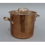 A Victorian miniature two handled cylindrical copper pan and cover, 7cm high x 11cm wide over-
