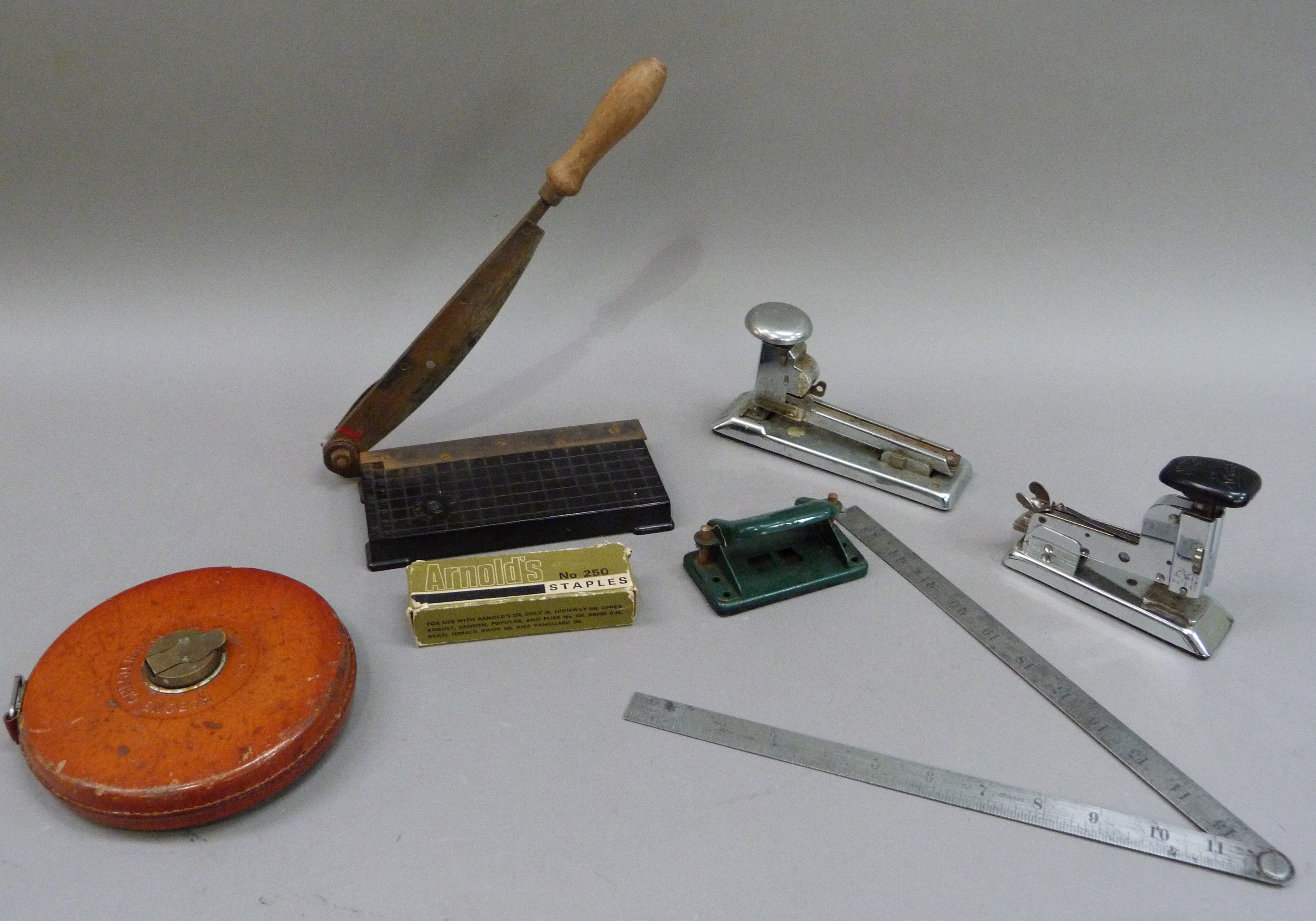 Vintage office items including an Ofrex robust stapler, an Ace Fastener Cooperation Perfect