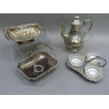 A quantity of silver plated ware including, coffee pot, triangular hors d'oeuvres dish, swing