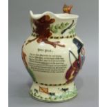 A Crown Devon fieldings John Peel musical jug, the cream body moulded with hunting scenes, fox