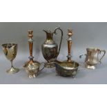 A quantity of silver plated ware including, a pair of silver plate on copper table candlesticks,